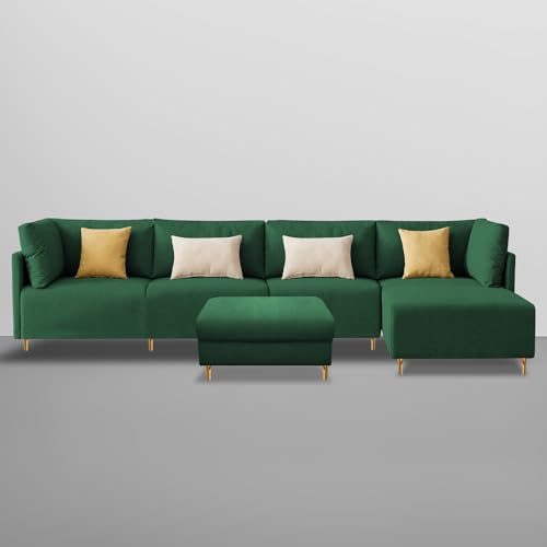 Image of Carina RHS 6 Seater L Shape Sofa Set with Center Table for Living Room (Green Fabric) Premium Fabric Sofa