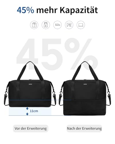 ECOHUB Erweiterbare Ryanair Handgepäck 40x30x20, Handgepäck Tasche 40x20x25 Mit Abnehmbar Nass-Tasche für Flugzeug, Recycelt Reisetasche Handgepäck, Weekender Damen Herren, Patent Anhängig(Schwarz)