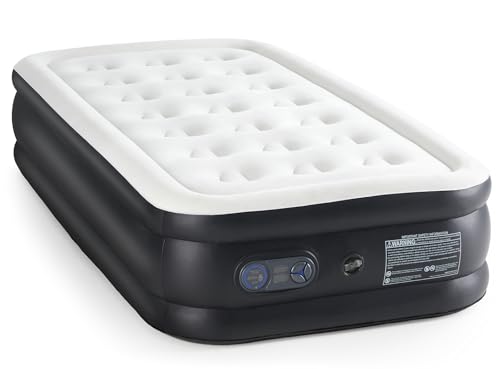 Elevon Air Mattress with Built in Pump - Luxury Double High Inflatable Bed for Home, Travel & Camping, Navy/White, Twin, 18
