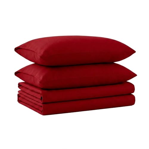 Image of Tribeca Living Triple Brushed Soft Cotton Flannel Sheets Set, Queen Size 170-GSM Weight Extra Deep Pocket Sheet in Solid Dark Red Color
