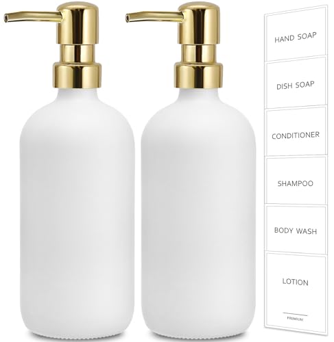 GMISUN White Soap Dispenser, 2 Pack Glass Hand Soap Dispensers Bathroom with Gold Pump, 17 Fl Oz Dish Soap Dispenser Set for Kitchen, Refillable Modern Liquid Soap and Lotion Dispensers Bottle