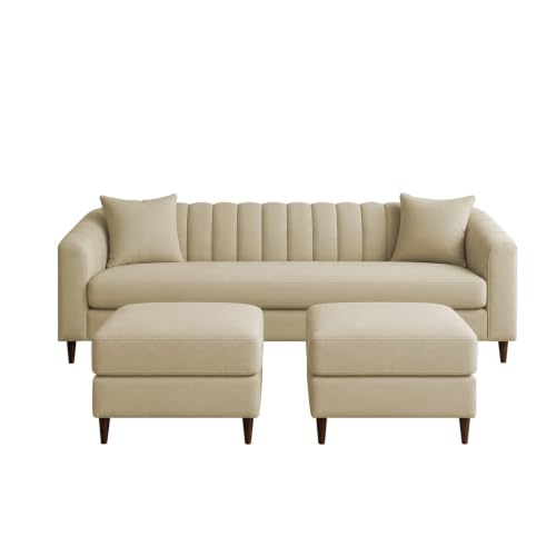 Image of Doraldo 3 Seater Sofa Set with 2 Ottoman for Living Room (Cream) Premium Fabric Sofa