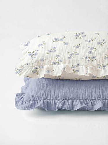 Image of Muslin Ruffled Toddler Pillowcases 13 inchx18 inch 2 Pack, Soft, Breathable Muslin Cotton Travel Pillow Covers with Envelope Closure for Baby Boys, Girls & Kids (Blue Meadow-Ruffled, 13 x 18 Inch)