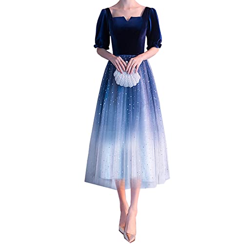 Lomohanaga 演奏会ドレス ロングドレス レディース スパンコール 母親 結婚式 レディース 大人 ピアノ 発表会 パーティードレス ミモレ丈 グラデーション キラキラ ドレス ブライズメイド ドレス ワインレッド 二次会 成人式 同窓会 (M, ネイビー（ミモレ丈）)