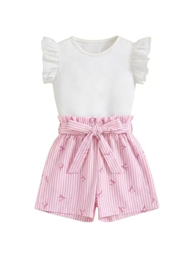 Image of Girls 2 Piece Outfits Summer Ruffle Sleeve Top and High Waisted Striped Shorts Set for Girls 7-14