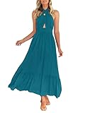 ZESICA Women's 2025 Summer Crossover Halter Neck Sleeveless Plaid Cut Out Backless Flowy A Line Maxi Dress,Teal,Small