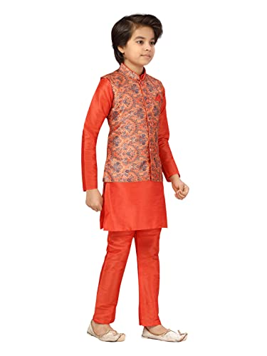 Image of Aarika Boys Orange Color Sherwani With Pyjama & Waistcoat