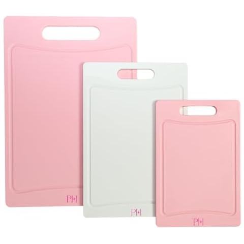 Paris Hilton Cutting Boards, Dual-Sided Cutting Board Set with Built-in Juice Grooves, Easy-Grip Handles, Heavy-Duty Plastic Made without BPA, Dishwasher Safe, 3-Piece Set, Pink and Cream Cover