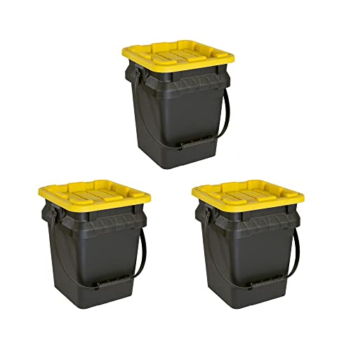 CX BLACK & YELLOW 5-Gallon Heavy Duty Bucket Tough Storage Container & Snap-Tight Lid (14.9H x 12W x 13D) Weather-Resistant Design and Stackable Organization Tote [3 Pack]