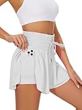 Heyielda High Waist Flowy Athletic Shorts for Women Butterfly Shorts High Rise Workout Gym Shorts（White-L）