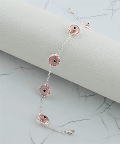 Gold Plated - Sterling Silver Translucent Murano Glass Evil Eye Women Charm Link Bracelet, Gift Boxed3