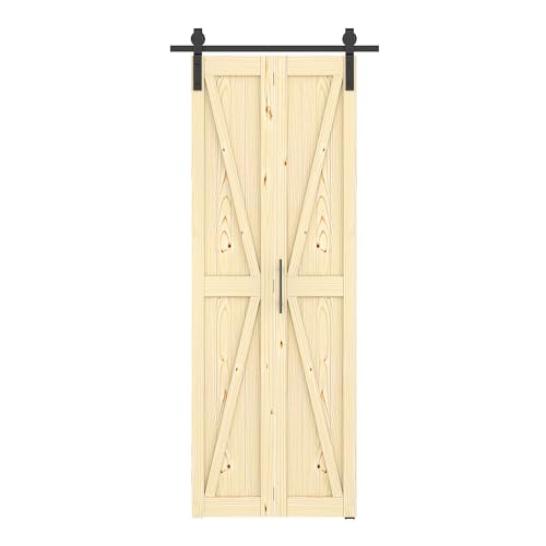 ROOMTEC 30in x 84in Bifold Barn Door with Hardware Kit Unfinished Solid Pine Wood Folding Closet Door for Bedroom or Wardrobe Assembly Required DIY Stainable Natural Finish