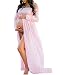 Pink Maternity off Shoulder Long Sleeve Chiffon Gown Split Front Maxi Pregnancy Photography Dress for Photoshoot and Baby Shower