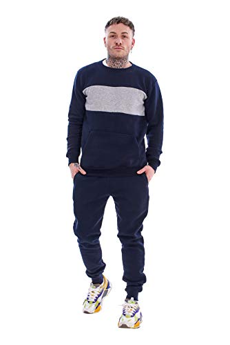 Image of Mens Panelled Tracksuit Branded Fleece Crew Neck Sweatshirts Cotton Joggers (Navy, Small)