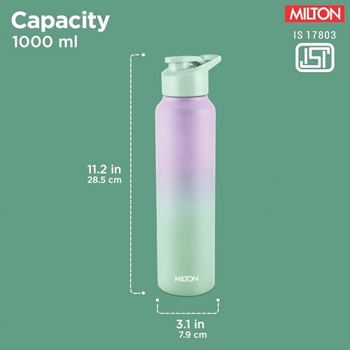 Image of MILTON Torino 1000 Stainless Steel Water Bottle, Leakproof Lid, Single Walled, ISI Certified I For School, Office, Gym I 980 ml, Purple & Mint Green