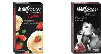 MANFORCE Cocktail Condoms with Dotted-Rings Strawberry & Vanilla Flavoured- 10 Pieces & Chocolate flavor condom - 10 Pieces Condom (Set of 2 20 Sheets)-image-46