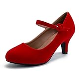 Women's Vintage Mary Jane Pumps Kitten Heels Closed Round Toe Low Heel Ankle Strap Retro Heels Office Work Wedding Shoes Red Suede US 7.5