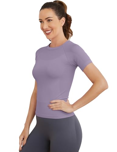 Image of MathCat Short Sleeve Workout Tops for Women, Seamless Women's Compression Shirt, Yoga Running Athletic Shirts Soft Gym Tops