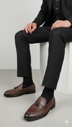Image of NARKI Men's Black Textured Leather Tassel Loafers - Stylish Slip-On Formal Shoes for Office