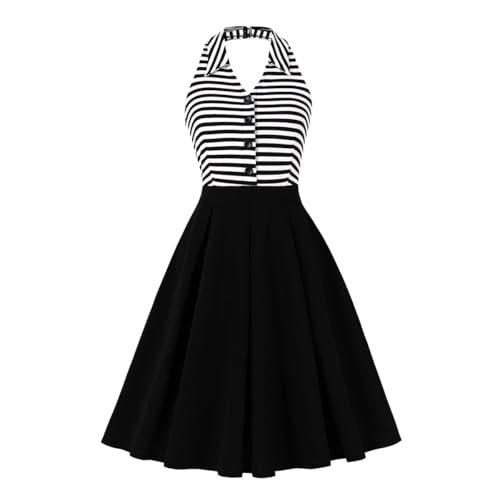 Odizli Rockabilly Kleider Damen Elegant 50er Jahre Vintage Sommer Neckholder V-Ausschnitt Gestreifte Petticoat Swing A Linie Knielang Sommerkleid...