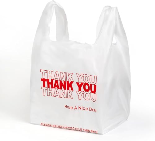 Image of JShlpiar 1000-Pack White Plastic Thank You Shopping Bags (11.5 inch x 6.5 inch x 21 inch) - Bulk Grocery, Takeout, T-Shirt & Retail Carry Bags