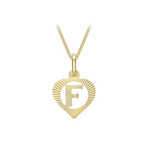 CARISSIMA Women's 9ct Yellow Gold Diamond Cut 'F' Initial Heart Pendant on Curb Chain - 46cm/18'