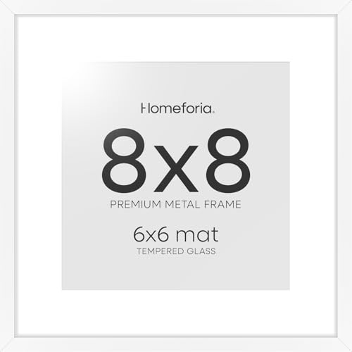 Image of Homeforia 8x8 White Picture Frame, High-End Metal, 6x6 Mat, Glass | High End Aluminum, Tempered Glass, Acid-Free 6x6 Removable Mat, 8x8 in Edge-to-Edge Display 8x8, Wall Kit, Set Of 1