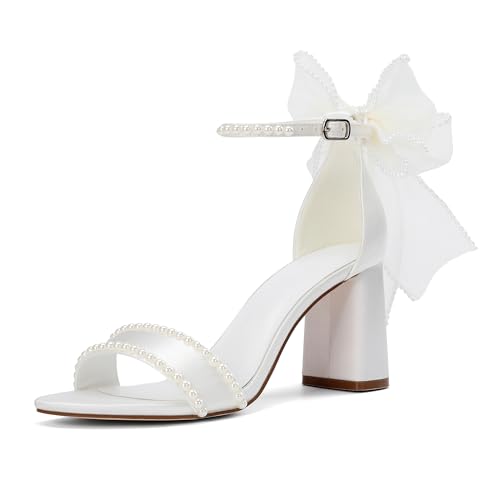 Wedding Block Heel Sandals, Pearl-Trimmed White Satin, Bow Back Detail, Ankle Strap,3 Inches