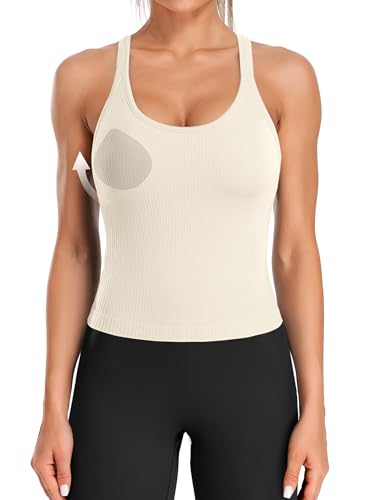 Image of ATTRACO Ribflex Ribbed Workout Crop Tops with Built in Bra for Women Yoga Racerback Tank Top Slim Fit