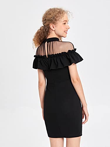 WDIRARA Girl's Mesh Ruffle Trim Short Sleeve Mock Neck Bodycon Short Dress2
