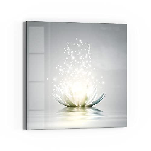 DEQORI Glasbild Echtglas | Motiv Funkelnde Lotusblüte | quadratisch einteilig 50x50 cm | schöne Dekoration | Wandbild für Wohnzimmer, Schlafzimmer, Flur & Küche | moderne Wanddeko
