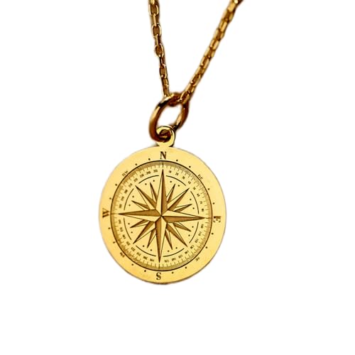 Chaîne de 45 cm avec pendentif boussole 24 mm et breloque argent plaqué or
