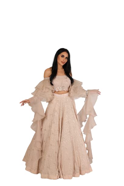 Image of QUEEN'S BY AAKARSHAN Peach Off-shoulder Pure Lucknavi Lehenga With Pure Organza Dupatta