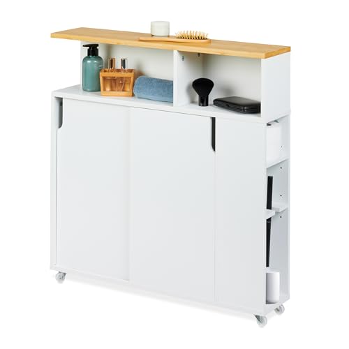 Relaxdays Armoire étroite, roulettes, 6 Compartiments, Porte-Brosse WC, HLP : 79 x 17 x 75cm, MDF, Bambou, Blanc/Naturel