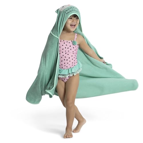 Image of Delta Children Kids Hooded Bath Towel with Pockets - Super Soft and Absorbent- Great Gift for Boys and Girls, Light Teal Owl