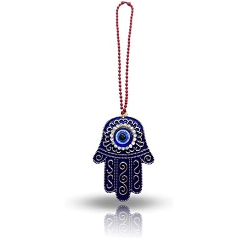 Sonoran Souvenirs Blue Hamsa Evil Eye Charm for Car Rear View Mirror - Spiritual Protection Ward - Lucky Car Decor - Protection Car Hanging Decor Ornament with Chain - Hand of Fatima Cover
