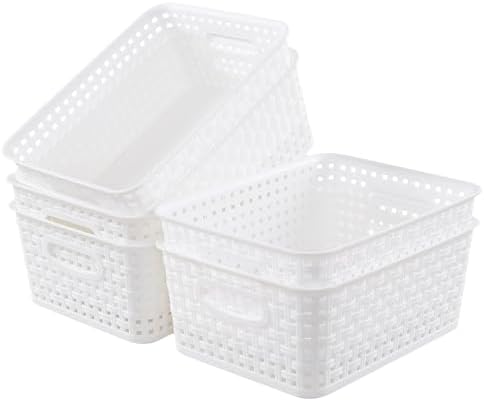 Nihenok 6-Pack Plastic Storage Woven Baskets, White Plastic Organizer ...
