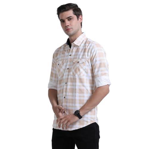 Image of Rocket Science Men's Cotton Blend Slim Fit Double Pocket Checked Casual Shirt.
