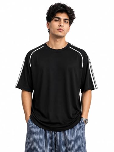 Image of O3e Men's Round Neck T-Shirt | Polycotton Fabric | Half Sleeve Casual Tee | Striped Tape Detail on Sleeves | Relaxed Fit Comfortable T-Shirt