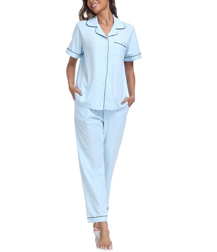 Image of CF Womens 100% Cotton Pajamas Set Button Down Pjs Sets Short Sleeve Top & Long Pants Sleepwear Comfy Loungewear with Pockets
