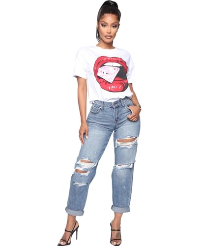 SheKiss Boyfriend Stretchy Jeans for Women - Distressed Frayed High Waisted Trendy Denim Blue Jeans3