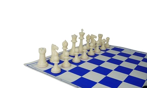 Image of 18'' X 18'' Professional Tournament Chess Set with Blue Vinyl Foldable Chess Board Game with Solid Plastic Pieces with Extra Queens and Black Bag