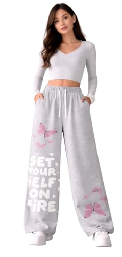 Image of CRAMPLEWomen's Graphic Print Wide Leg Sweatpants, Elastic Waist with Drawstring, Casual Streetwear Joggers