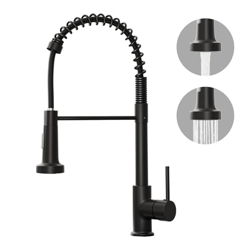 BESy Matte Black Kitchen Sink Tap, 2 Function Kitchen Sink Mixer Taps with Pull Out Spray, Brass High-Arc 360° Swivel Single Handle Spring Rv Taps