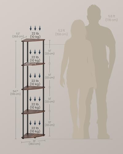 Songmics Home Superfast Toolless Assembly, 5-Tier Corner Shelf, Corner Shelving Unit, Corner Storage Stand, 38.3 X 27 X 139 Cm, Living Room, Bedroom, Kitchen, Somber Walnut LBC610K02 - 2