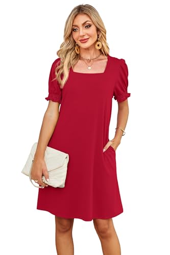 RUMIA Summer Dresses for Women 2025 Casual Cute Square Neck Puff Short Sleeve Dress with Pockets3
