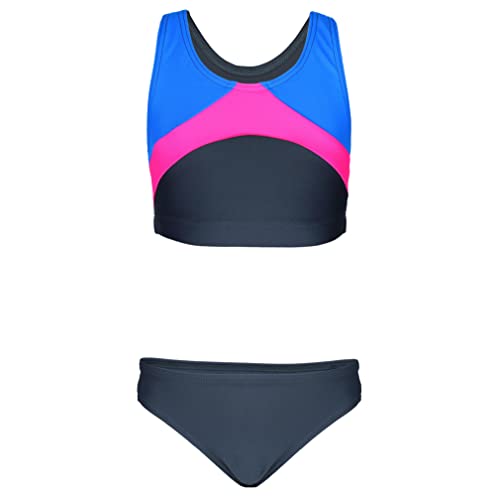 Aquarti Bikini Deportivo para Niña Bañador Completo Dos Piezas, Grafito/Azul/Rosa Claro, 134
