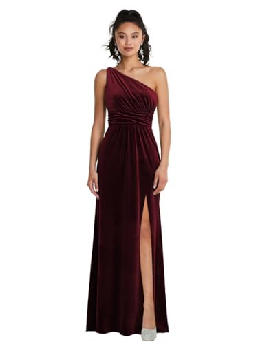 One Shoulder Bridesmaid Dresses for Wedding Pleated Long A-Line Velvet Formal Evening Gown with Slit