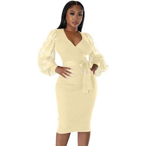 Image of BOGURST Semi Formal Church Dresses for Women Bishop Sleeve Sexy V Neck Bodycon Midi Dresses