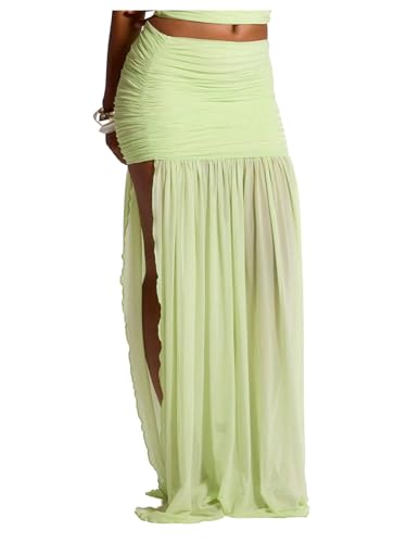 Floerns Women's Low Rise Maxi Skirt Ruched Sheer Mesh High Split Party Long Skirts